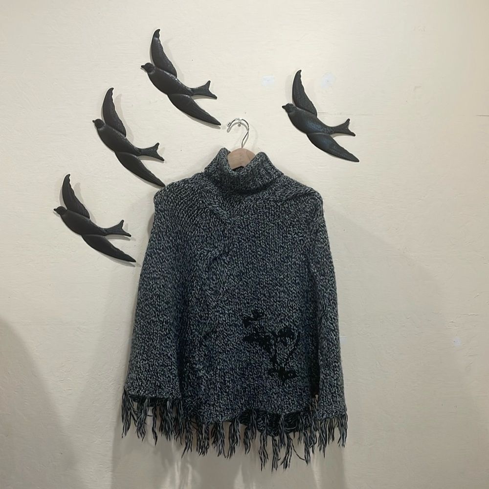 Buffalo David Bitton Wool Blend Embroidered Black Knit Poncho Cape Fringe - S